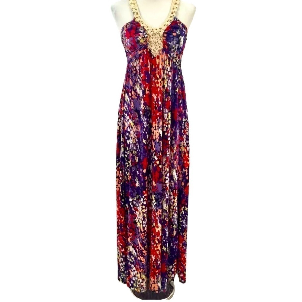Elle colorful empire waist crochet neck support in maxi dress size M - Picture 2 of 10